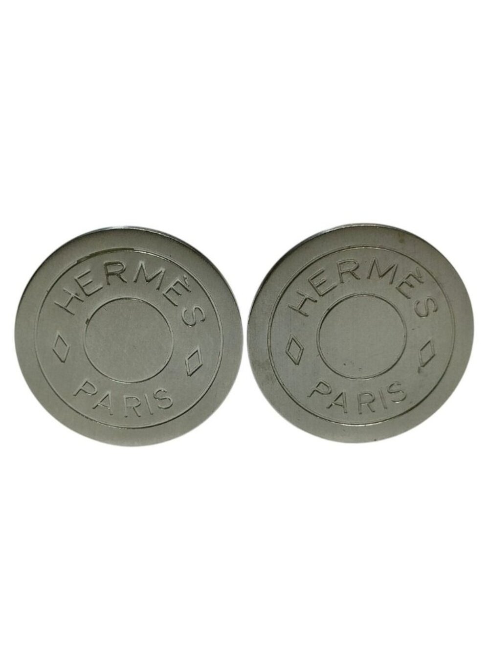 Hermes Sellier Round Logo Stamp Clip Earrings Silver Colored